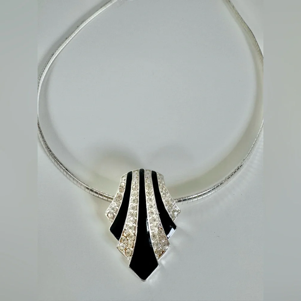 Avon Nina Ricci Black Enamel Rhinestone Silver Tone Necklace & Clip Earrings